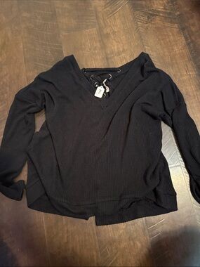 MARINA Black Lace-Up V-Neck Knit Pullover